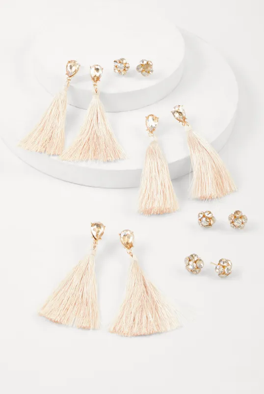 Rhinestone Tassel and Stud Earrings Set of 6 sold by Rainbow