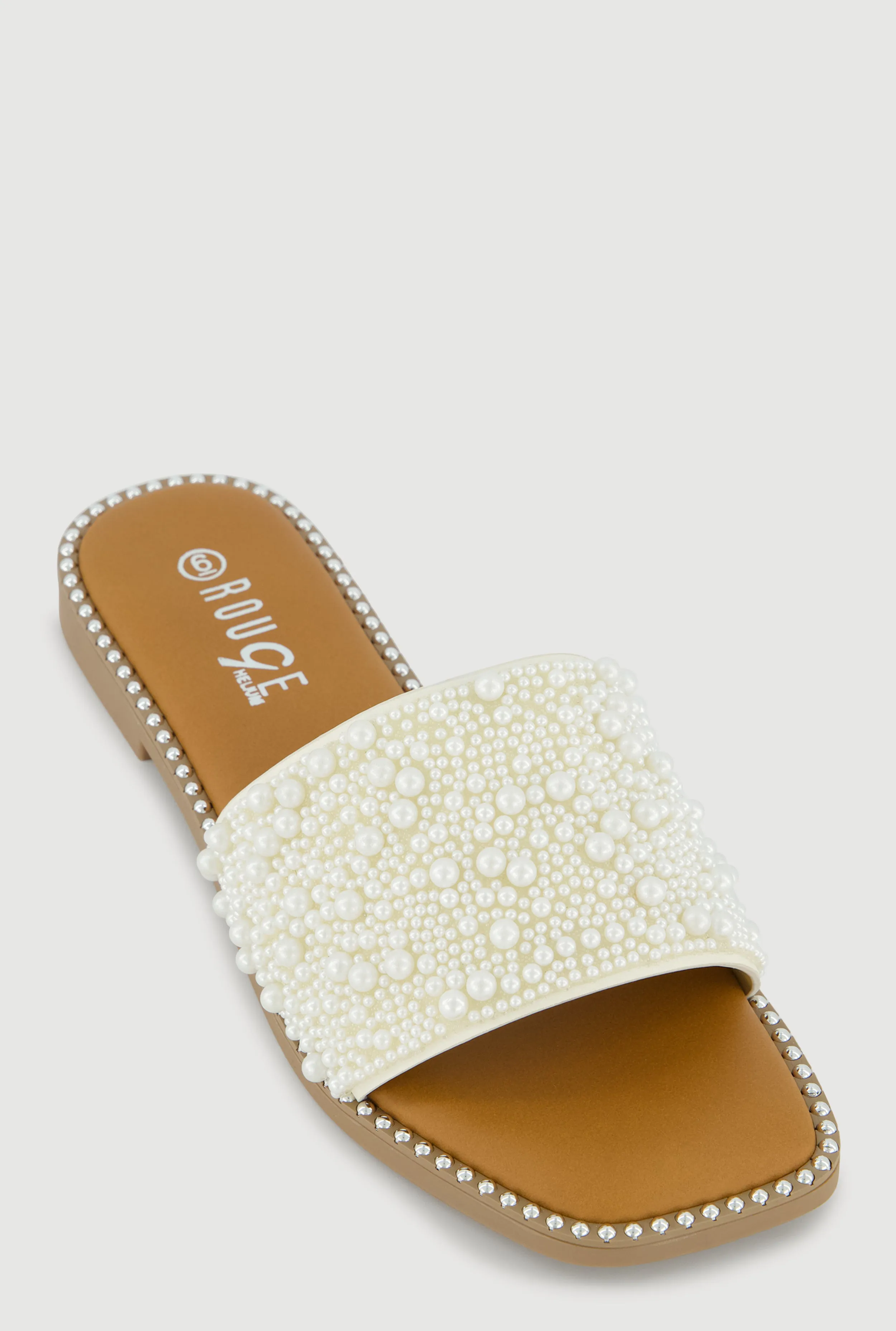 Faux Pearl Band Slide Sandals with Studded Trim sold by Rainbow