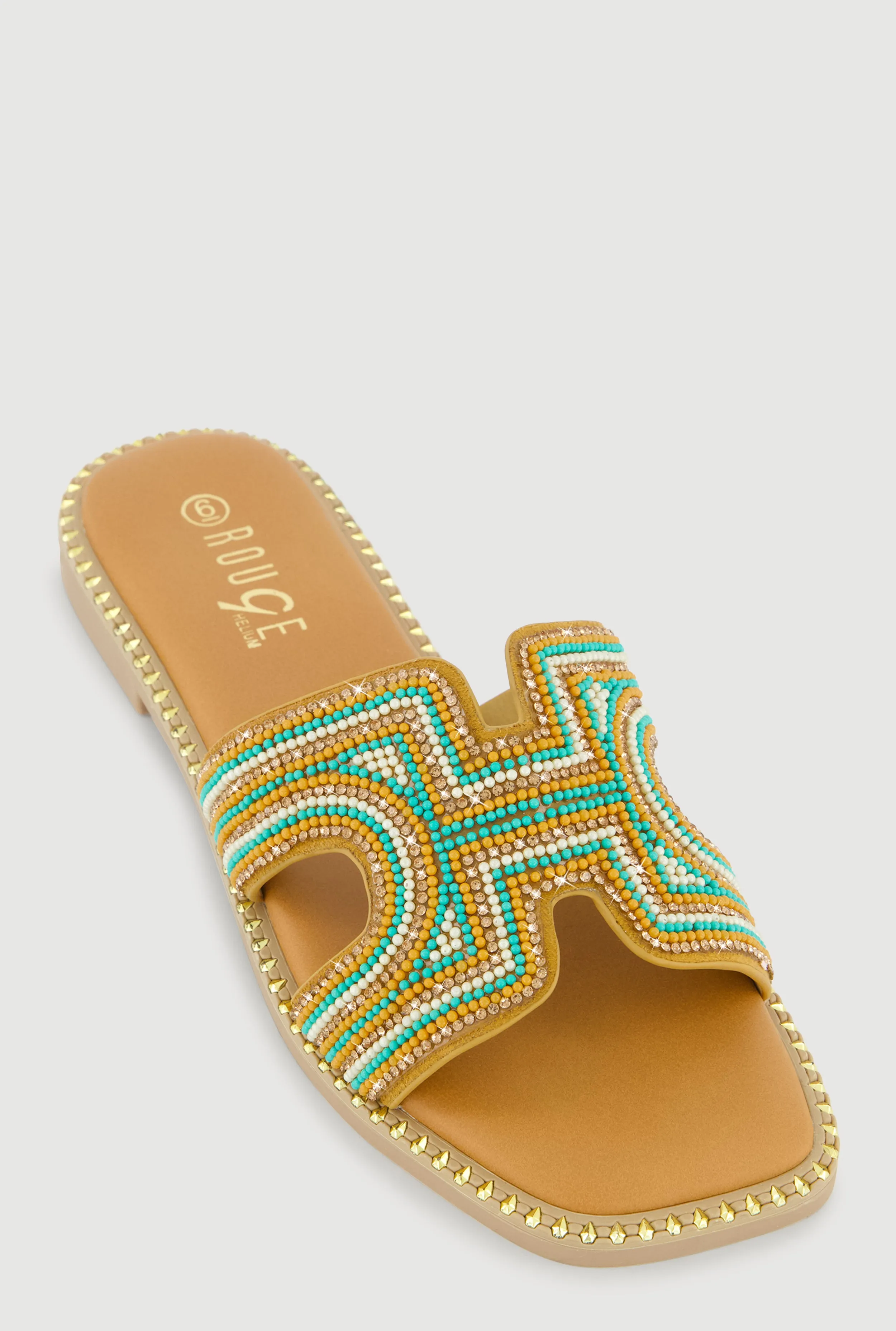 Rhinestone Beaded H Band Slide Sandals with Studded Trim sold by Rainbow