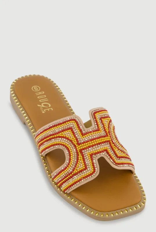 Rhinestone Beaded H Band Slide Sandals with Studded Trim sold by Rainbow