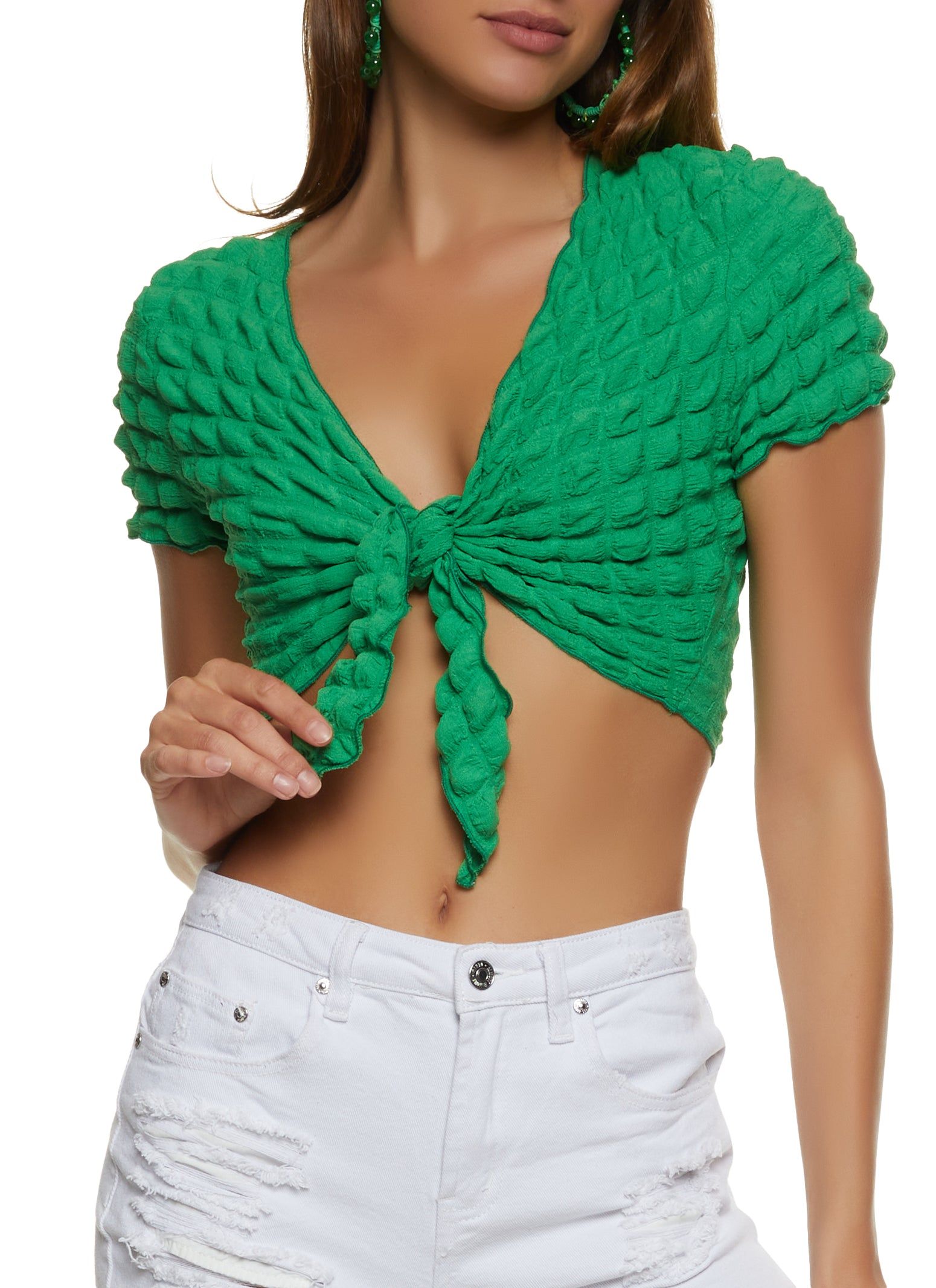 Bubble Knit Tie Front Crop Top sold by Rainbow