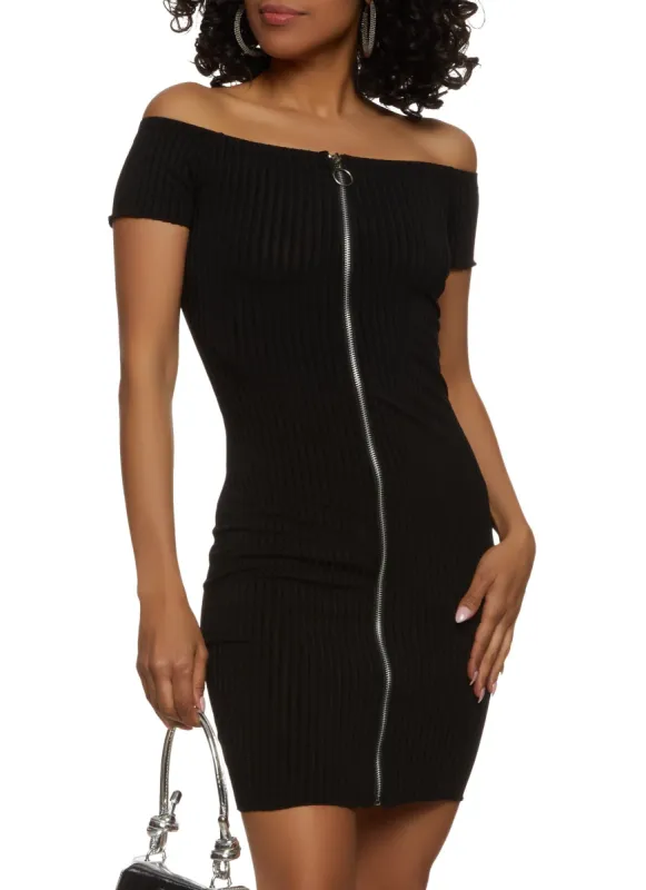 Ribbed Zip Front Off the Shoulder Dress sold by Rainbow