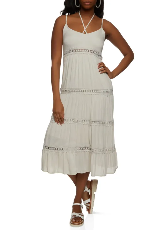 Gauze Knit Crochet Detail Tiered Maxi Dress sold by Rainbow