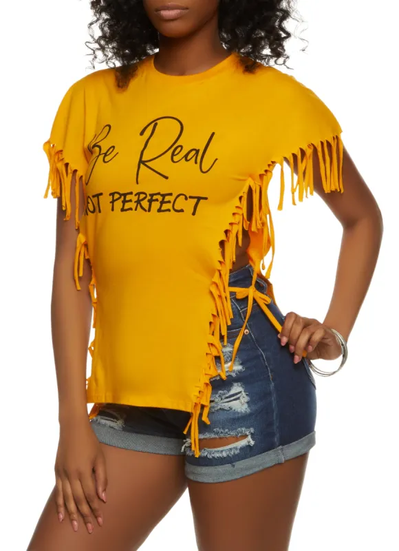Be Real Not Perfect Fringe Side Tie Top sold by Rainbow