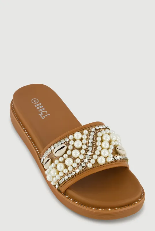 Rhinestone Faux Pearl Band Slide Sandals sold by Rainbow