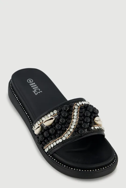 Rhinestone Faux Pearl Band Slide Sandals sold by Rainbow