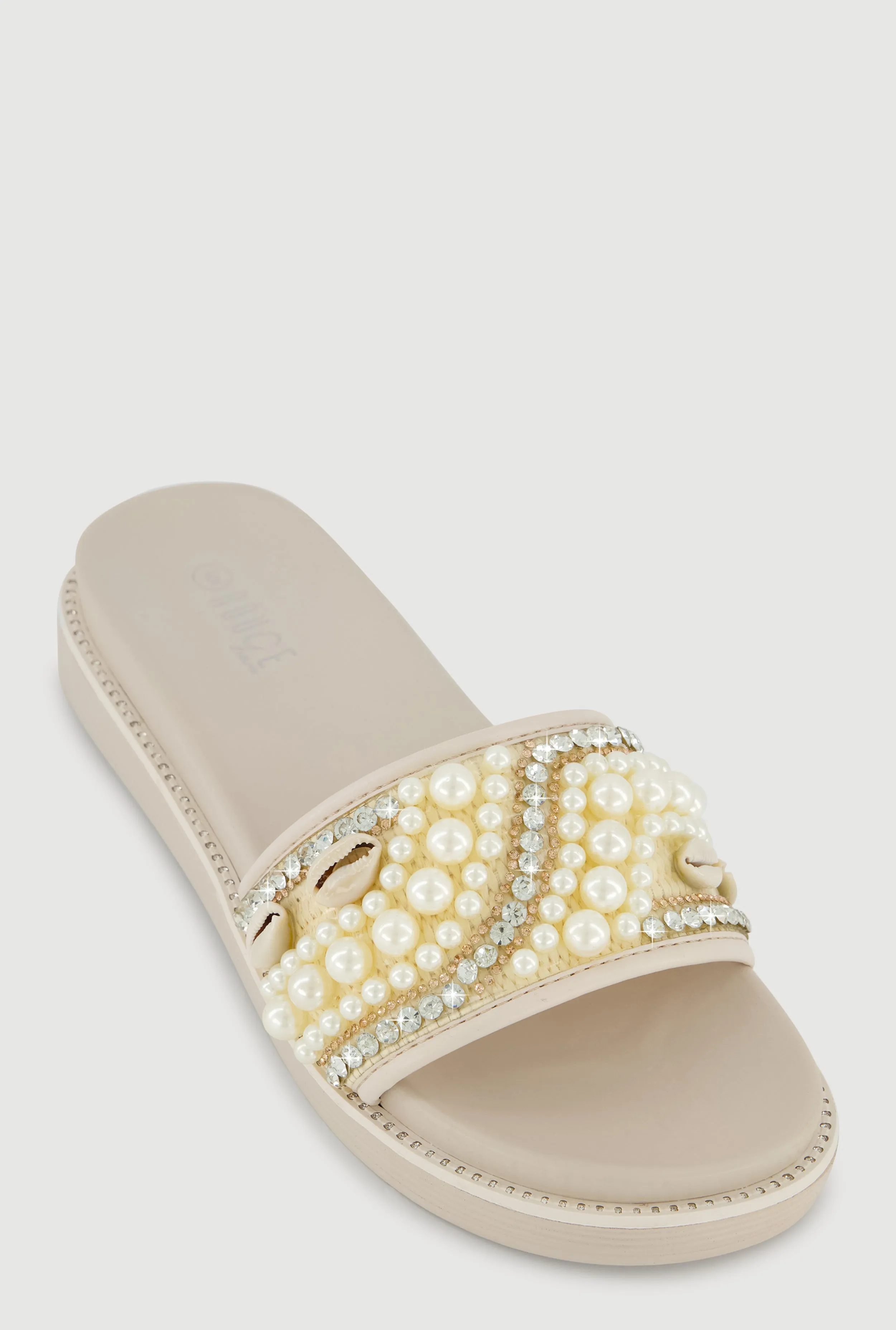 Rhinestone Faux Pearl Band Slide Sandals sold by Rainbow