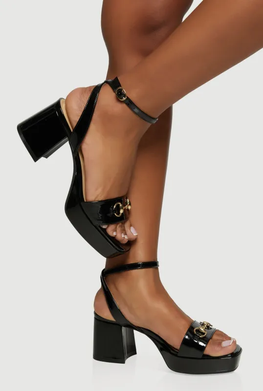 Faux Leather Horsebit Detail Ankle Strap Heels sold by Rainbow
