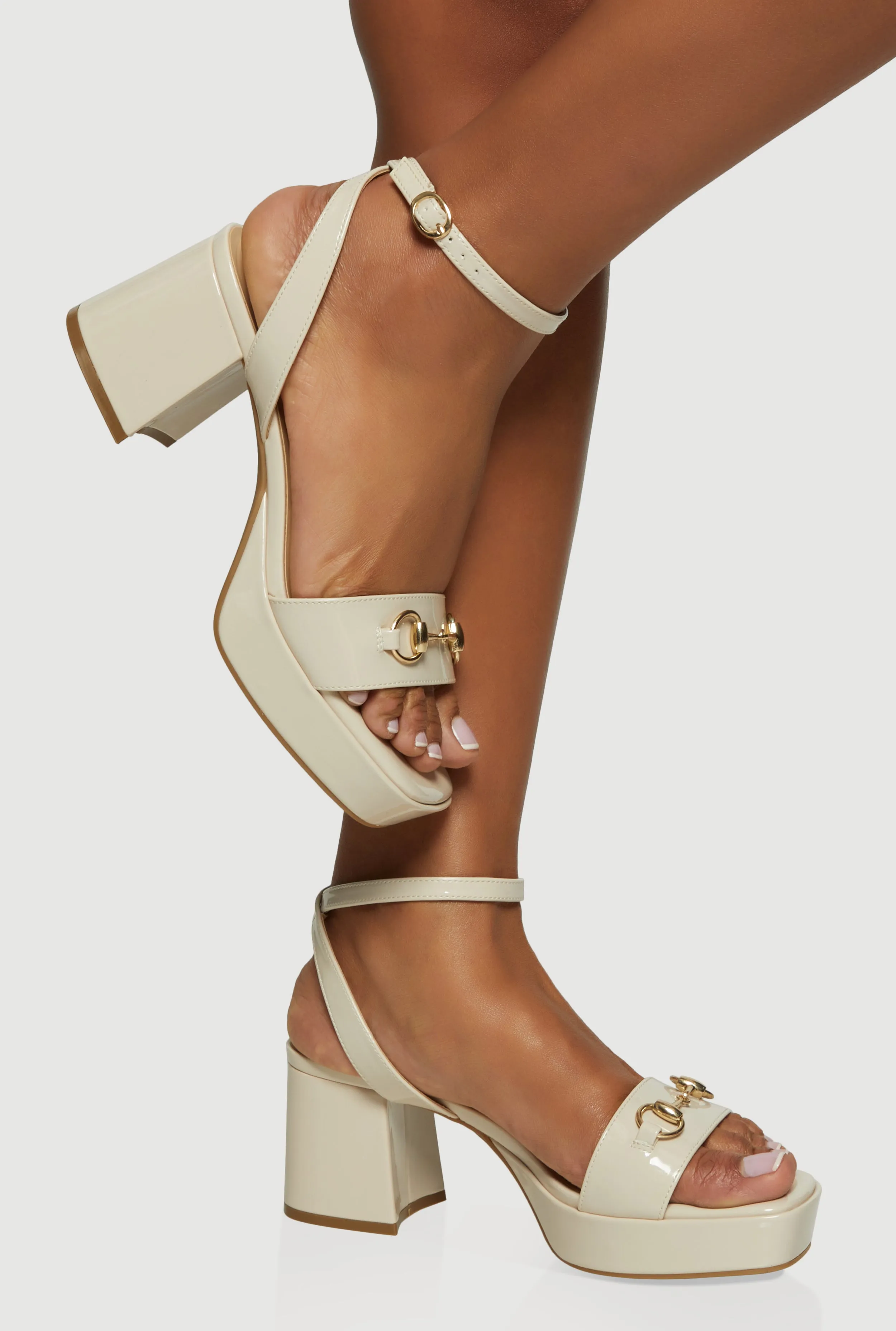 Faux Leather Horsebit Detail Ankle Strap Heels sold by Rainbow
