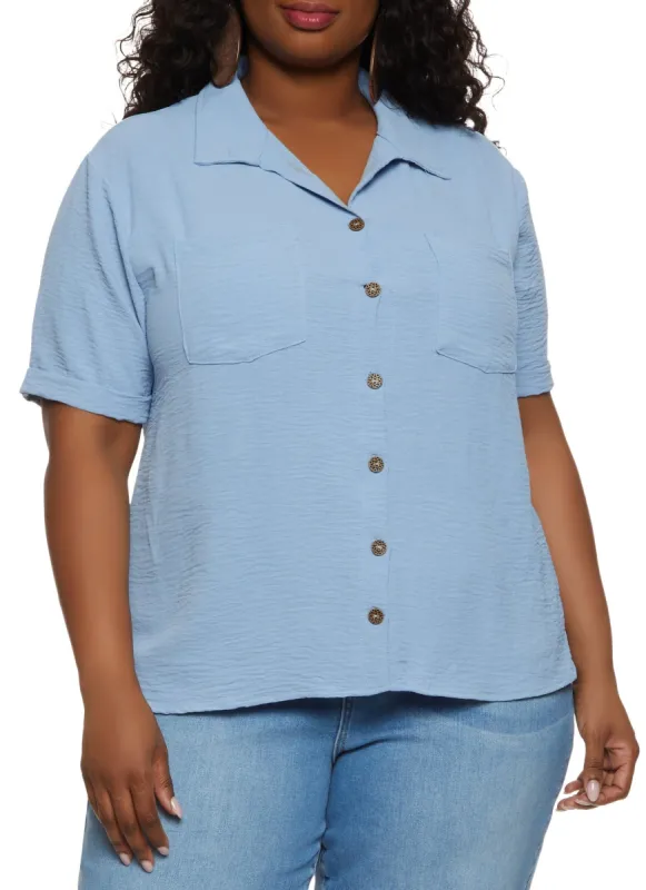 Plus Size Airy Pocket Button Down Shirt sold by Rainbow