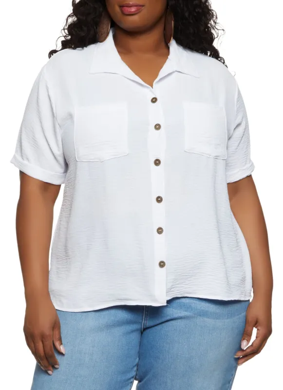 Plus Size Airy Pocket Button Down Shirt sold by Rainbow