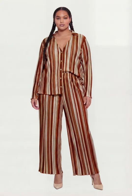 Plus Size Striped Plisse Wide Leg Pants sold by Rainbow