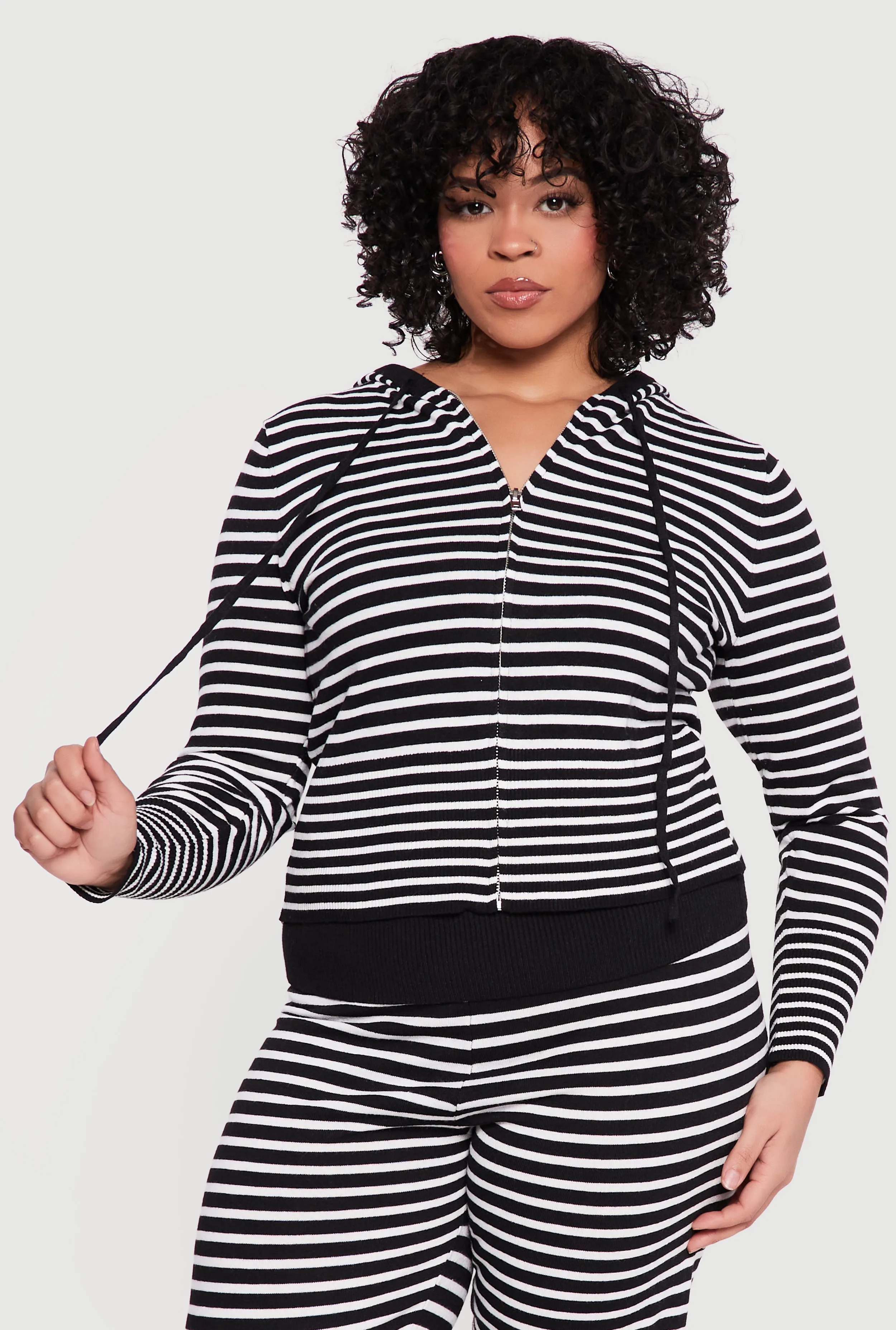 Plus Size Almost Famous Striped Rib Knit Zip Front Hoodie sold by Rainbow