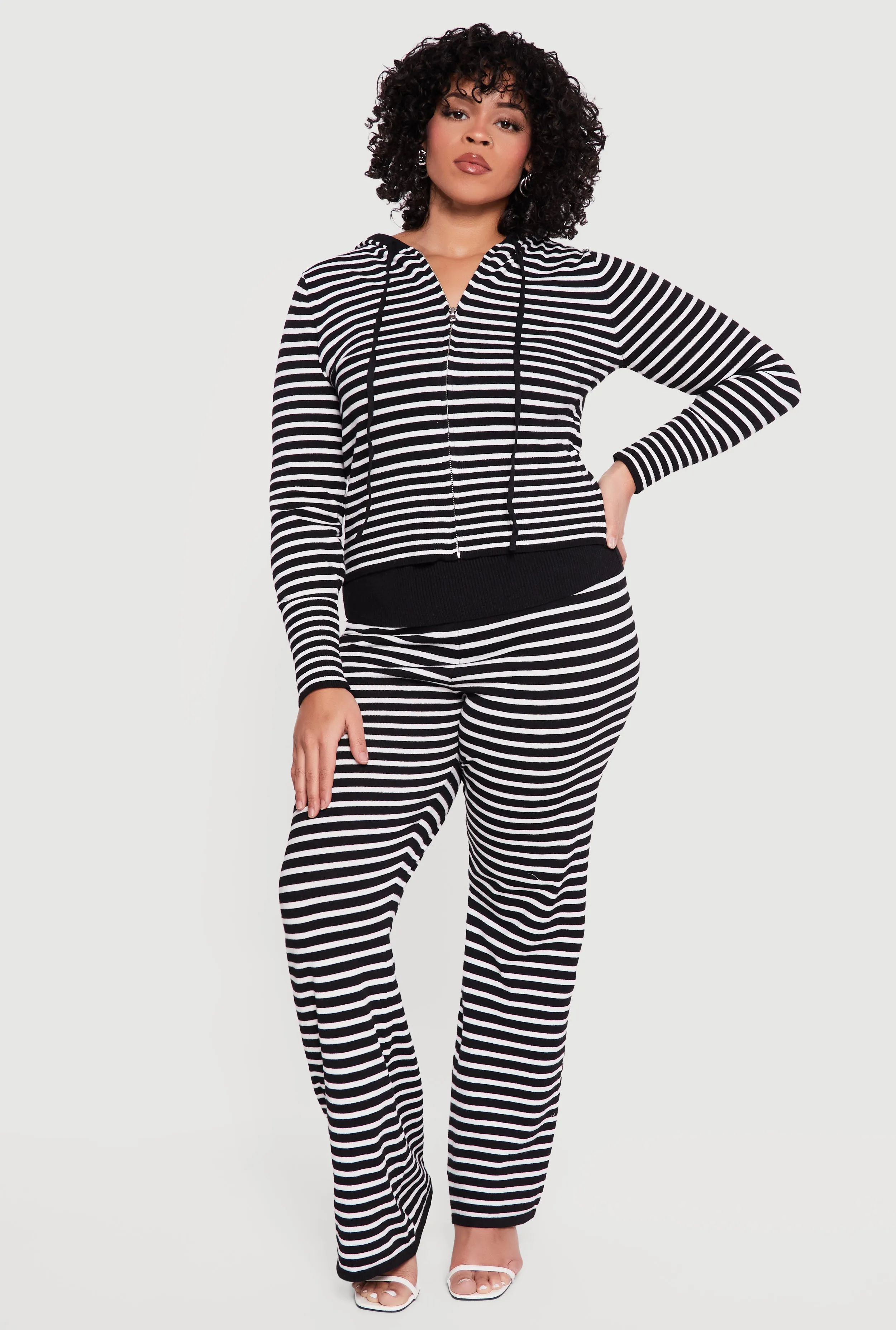 Plus Size Fold Over High Waisted Striped Ribbed Knit Pants sold by Rainbow