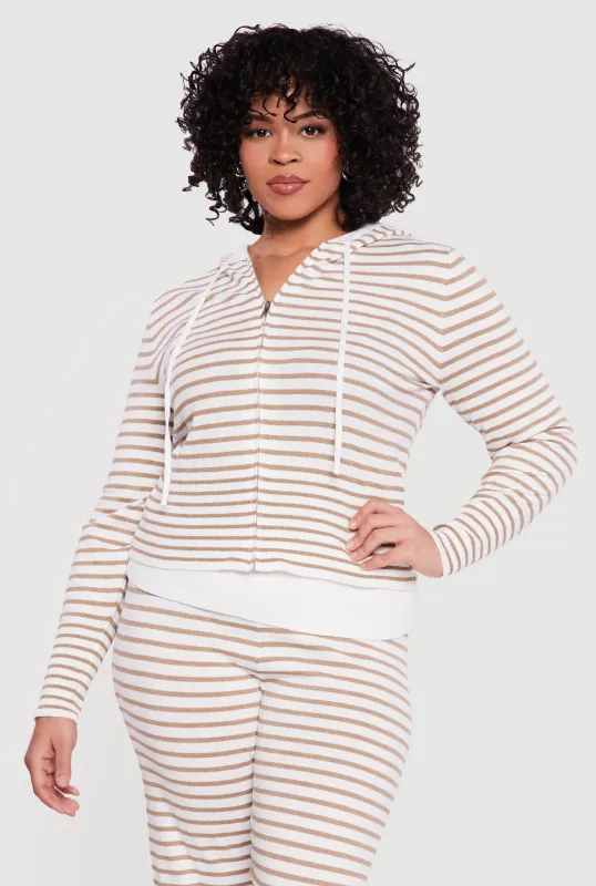 Plus Size Almost Famous Striped Rib Knit Zip Front Hoodie sold by Rainbow