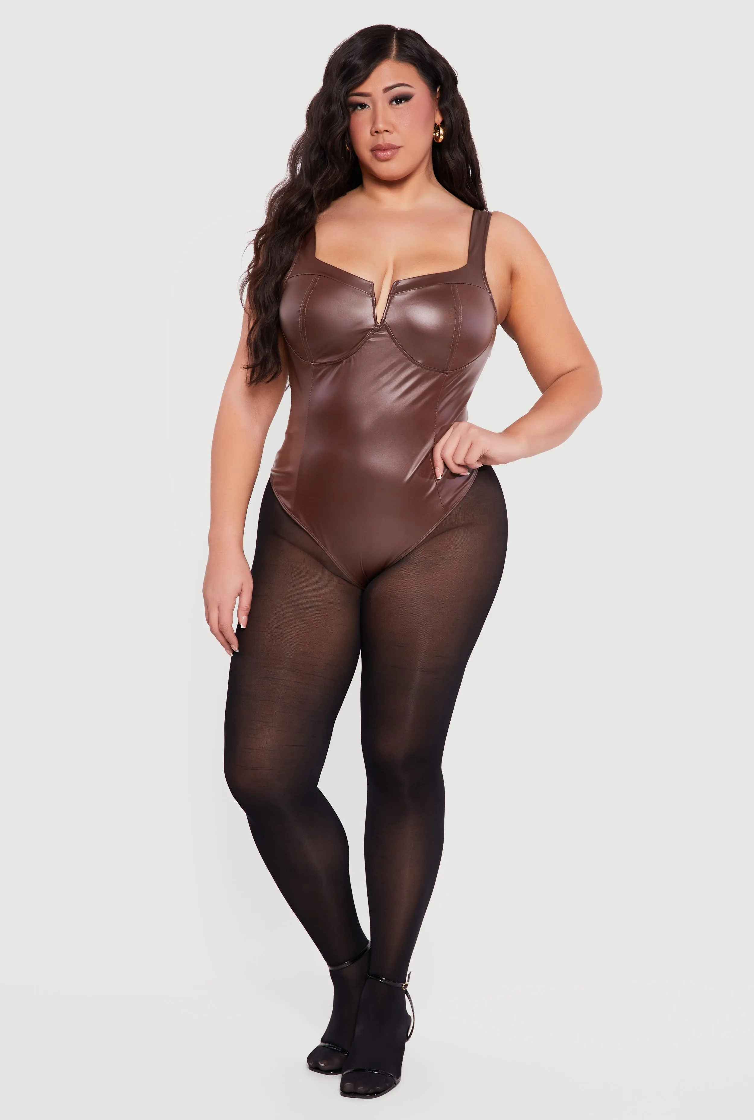 Plus Size Faux Leather Notch Neck Corset Bodysuit sold by Rainbow