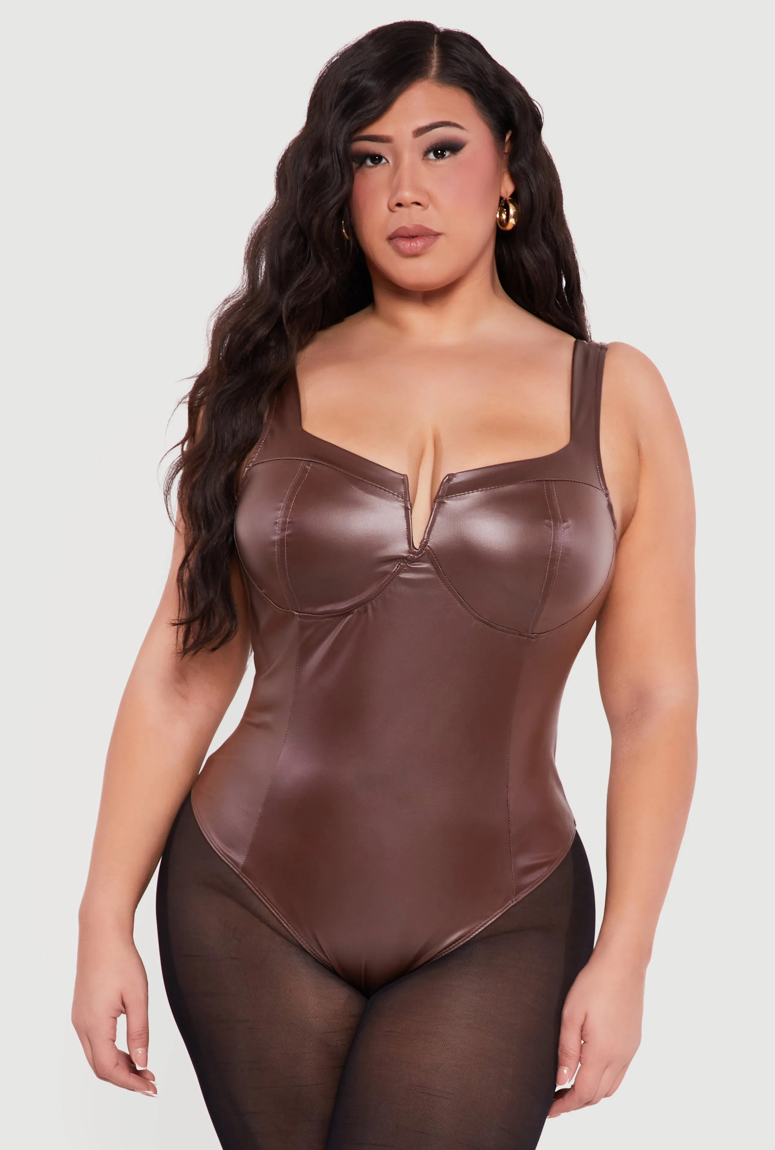 Plus Size Faux Leather Notch Neck Corset Bodysuit sold by Rainbow product image thumbnail 2