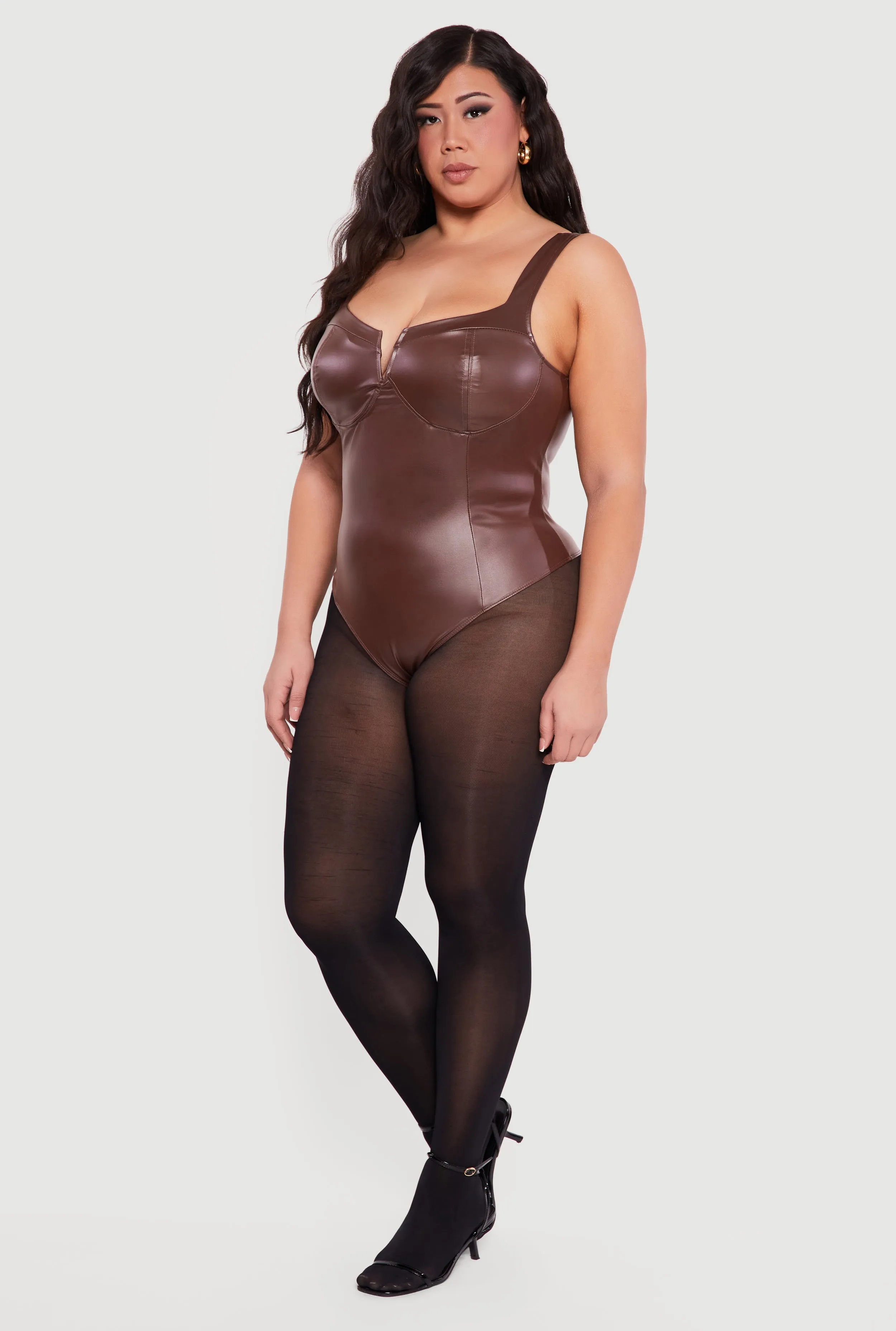 Plus Size Faux Leather Notch Neck Corset Bodysuit sold by Rainbow product image thumbnail 3