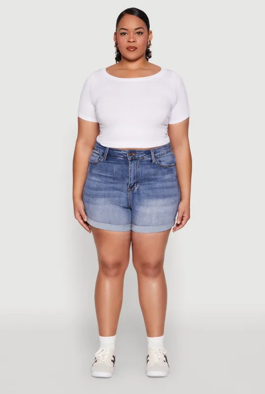 Plus Size WAX High Waisted Whiskered Denim Shorts sold by Rainbow