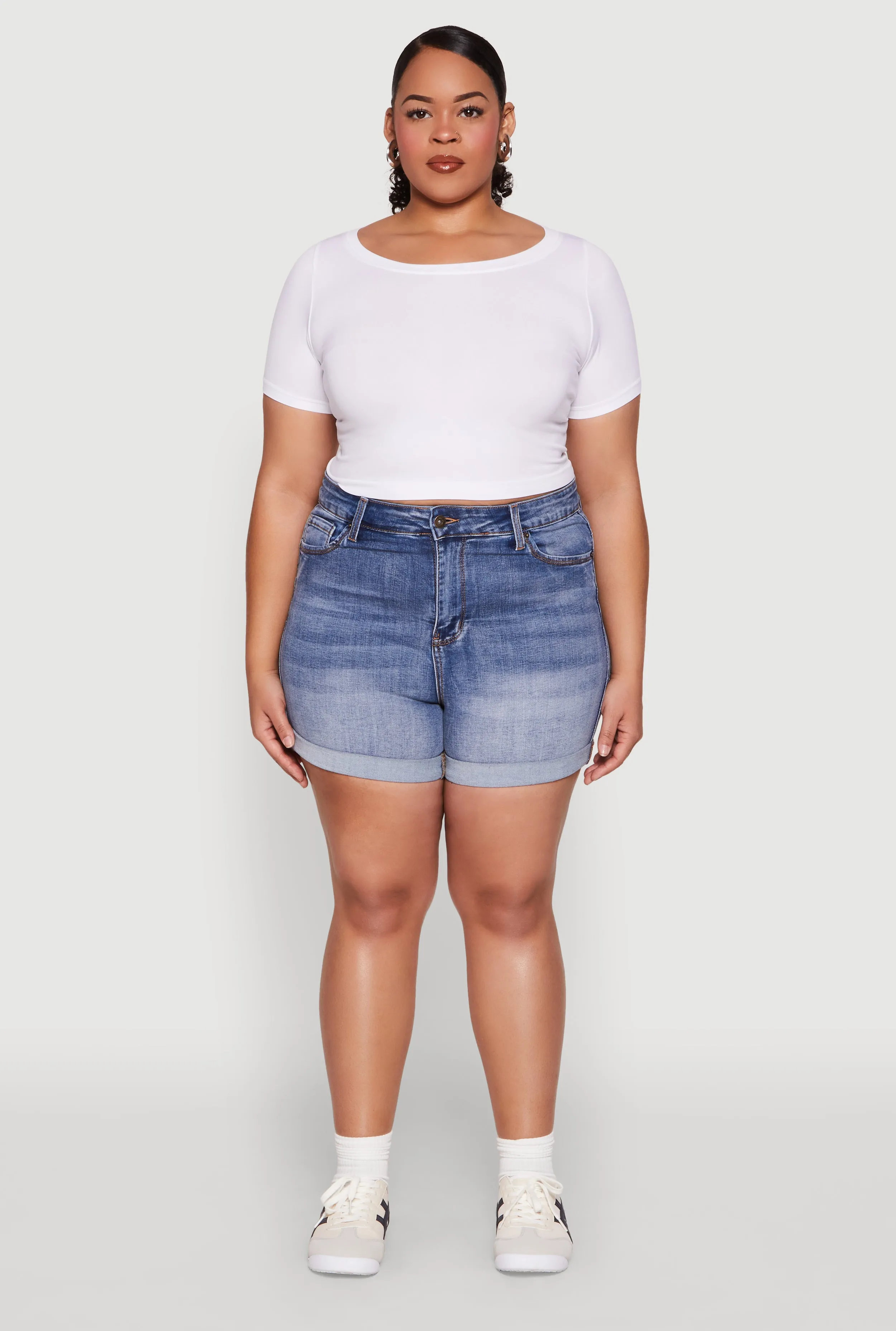 Plus Size WAX High Waisted Whiskered Denim Shorts sold by Rainbow