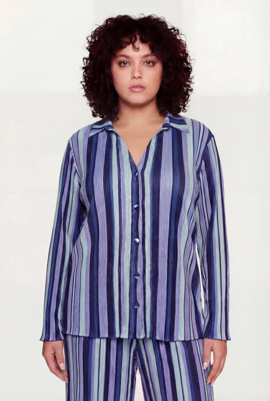 Plus Size Striped Plisse Long Sleeve Button Front Shirt sold by Rainbow