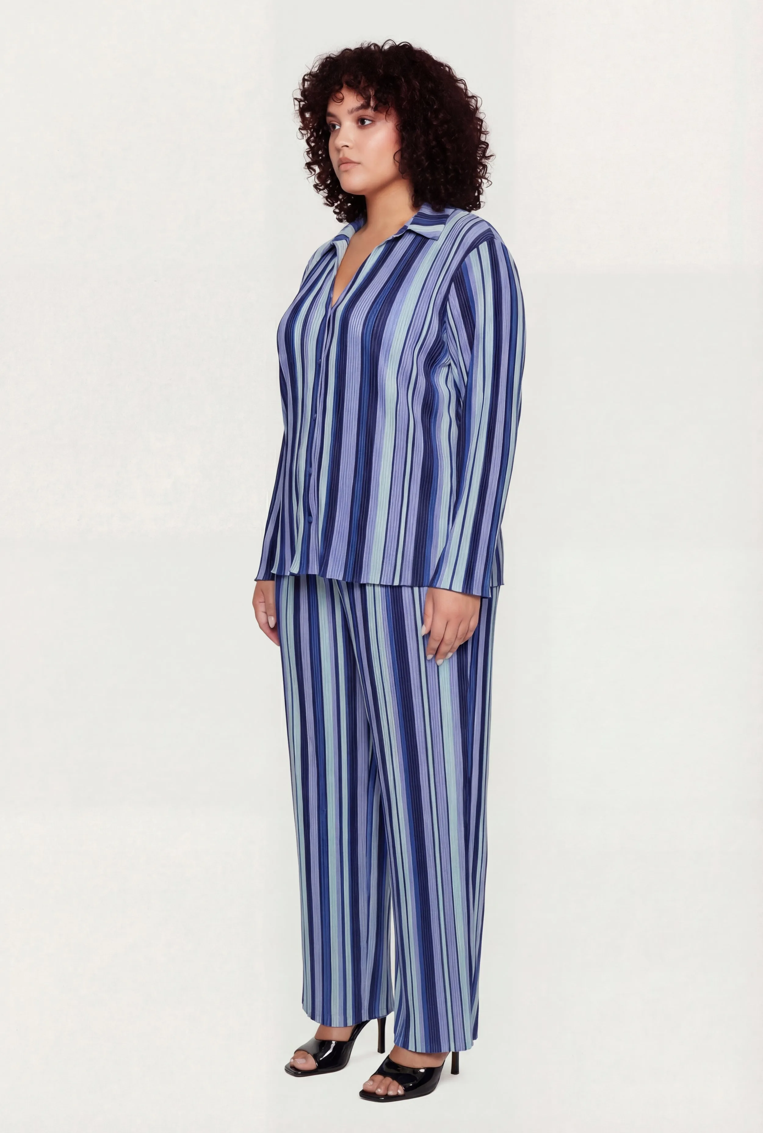 Plus Size Striped Plisse Long Sleeve Button Front Shirt sold by Rainbow product image thumbnail 3