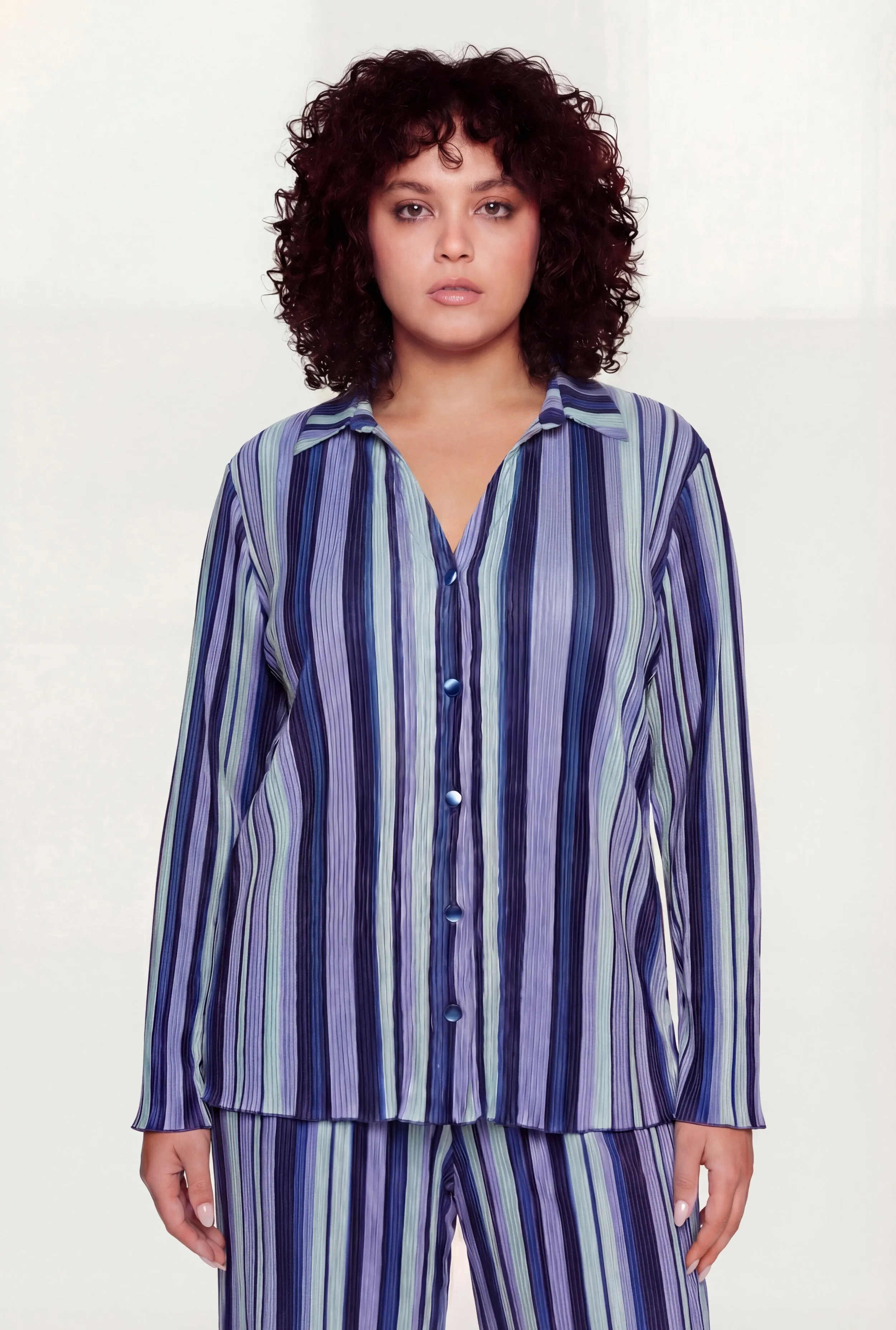 Plus Size Striped Plisse Long Sleeve Button Front Shirt sold by Rainbow