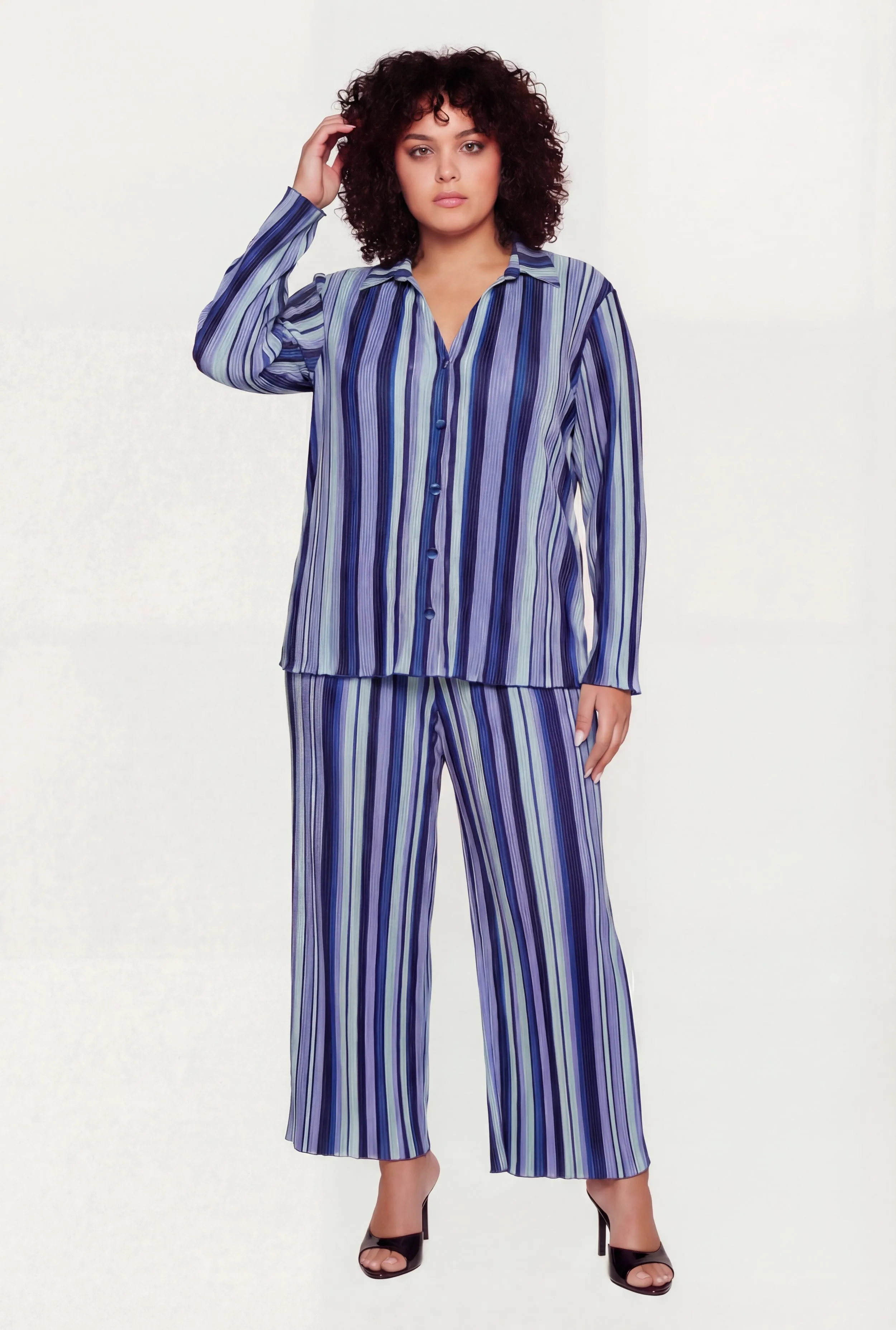 Plus Size Striped Plisse Long Sleeve Button Front Shirt sold by Rainbow product image thumbnail 2