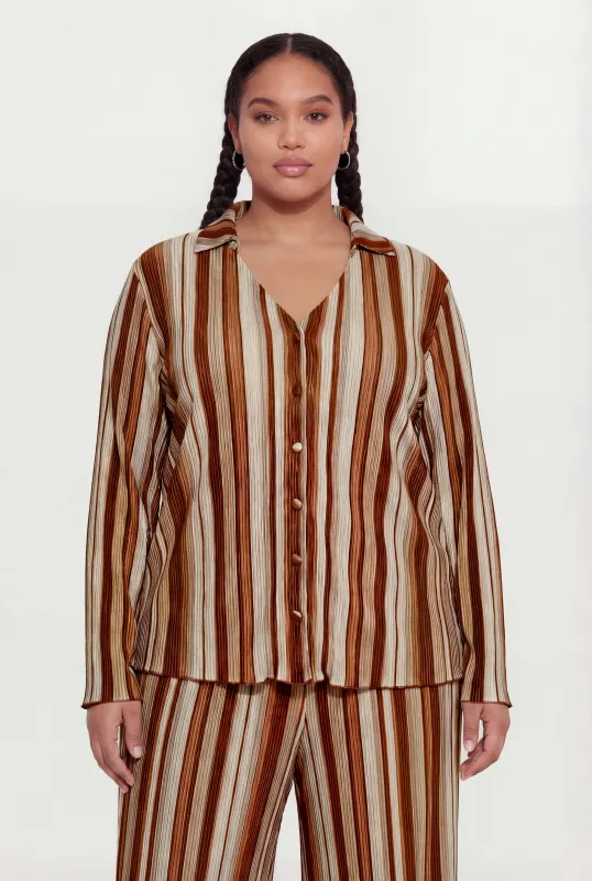 Plus Size Striped Plisse Long Sleeve Button Front Shirt sold by Rainbow