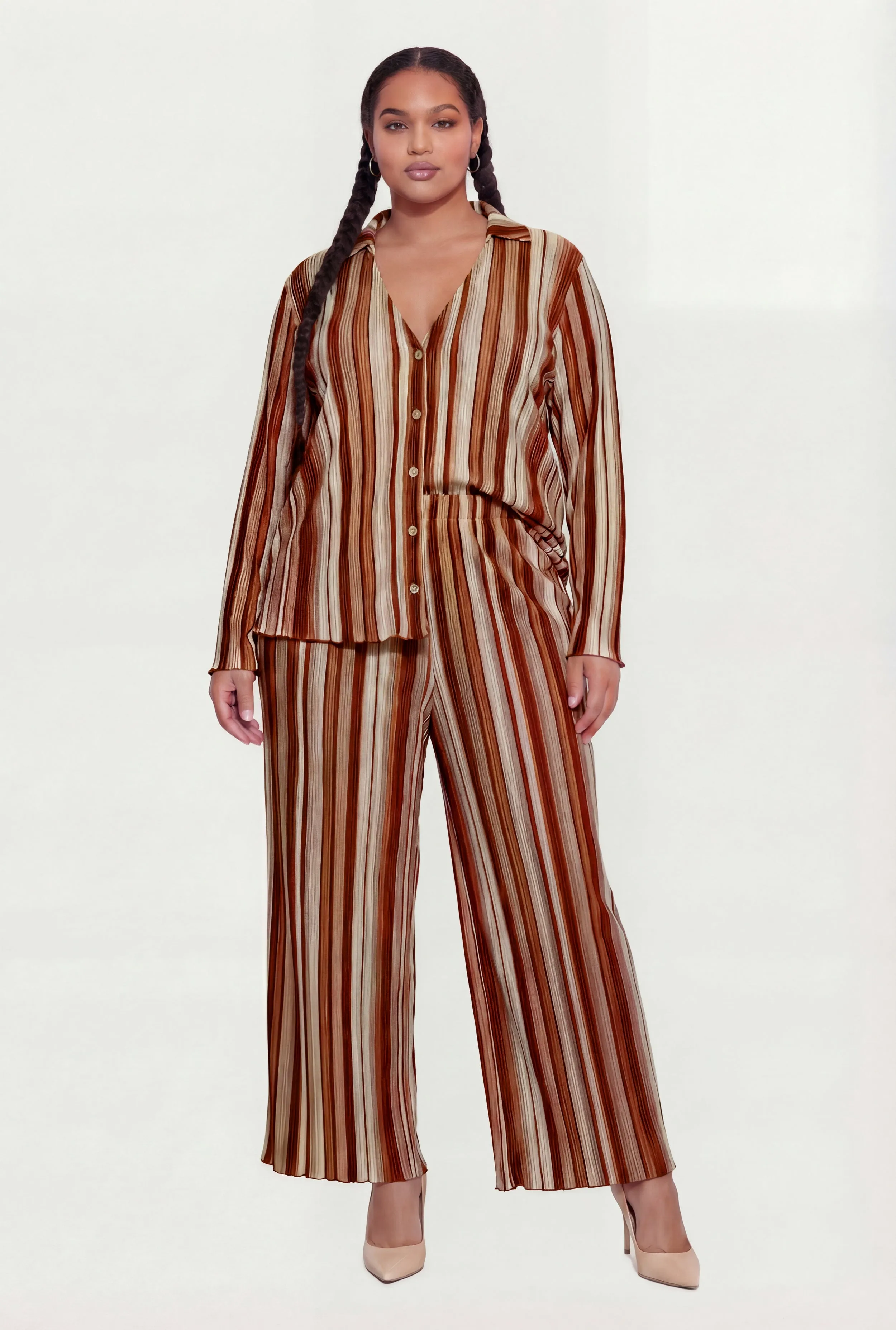 Plus Size Striped Plisse Long Sleeve Button Front Shirt sold by Rainbow product image thumbnail 2