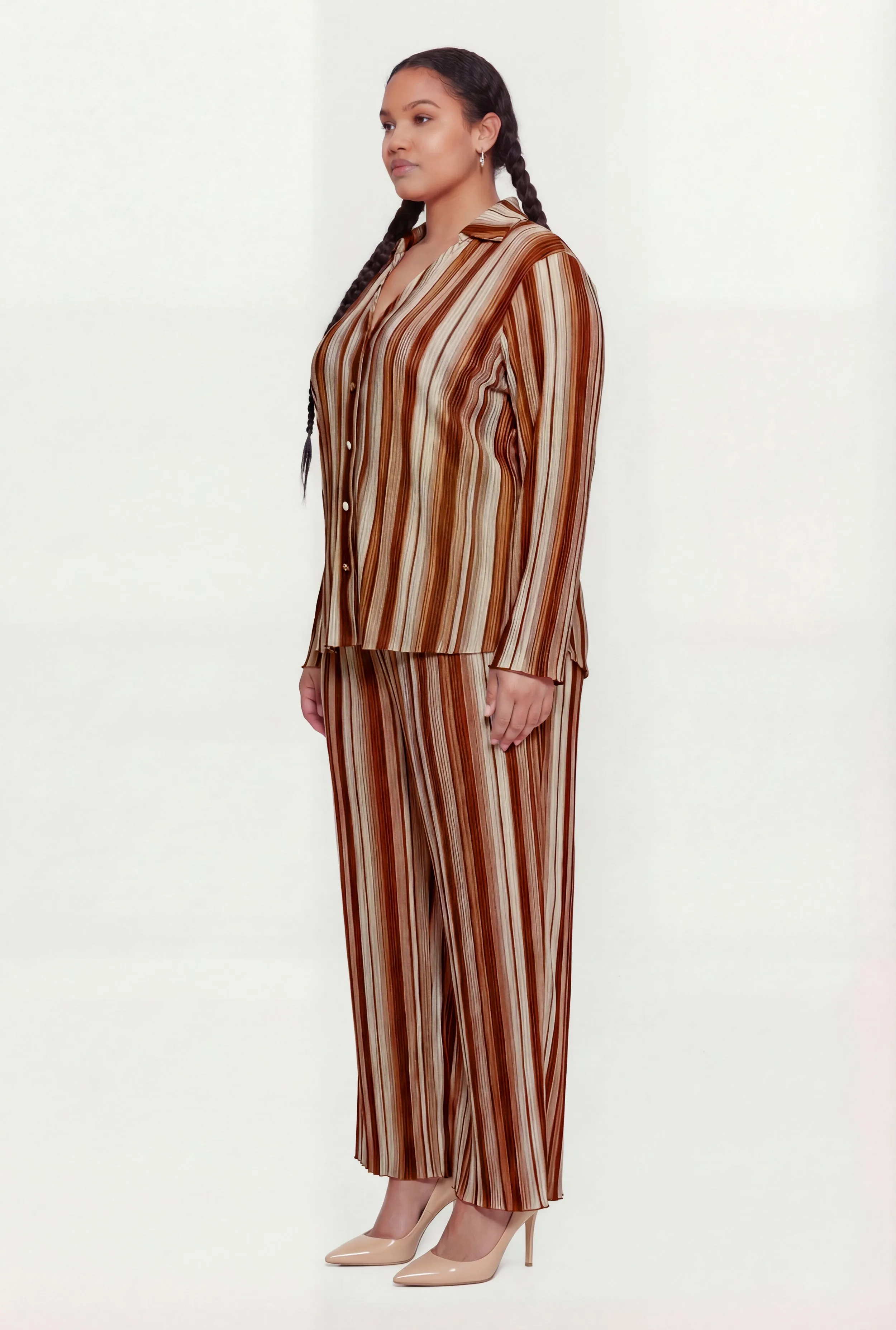 Plus Size Striped Plisse Long Sleeve Button Front Shirt sold by Rainbow product image thumbnail 3