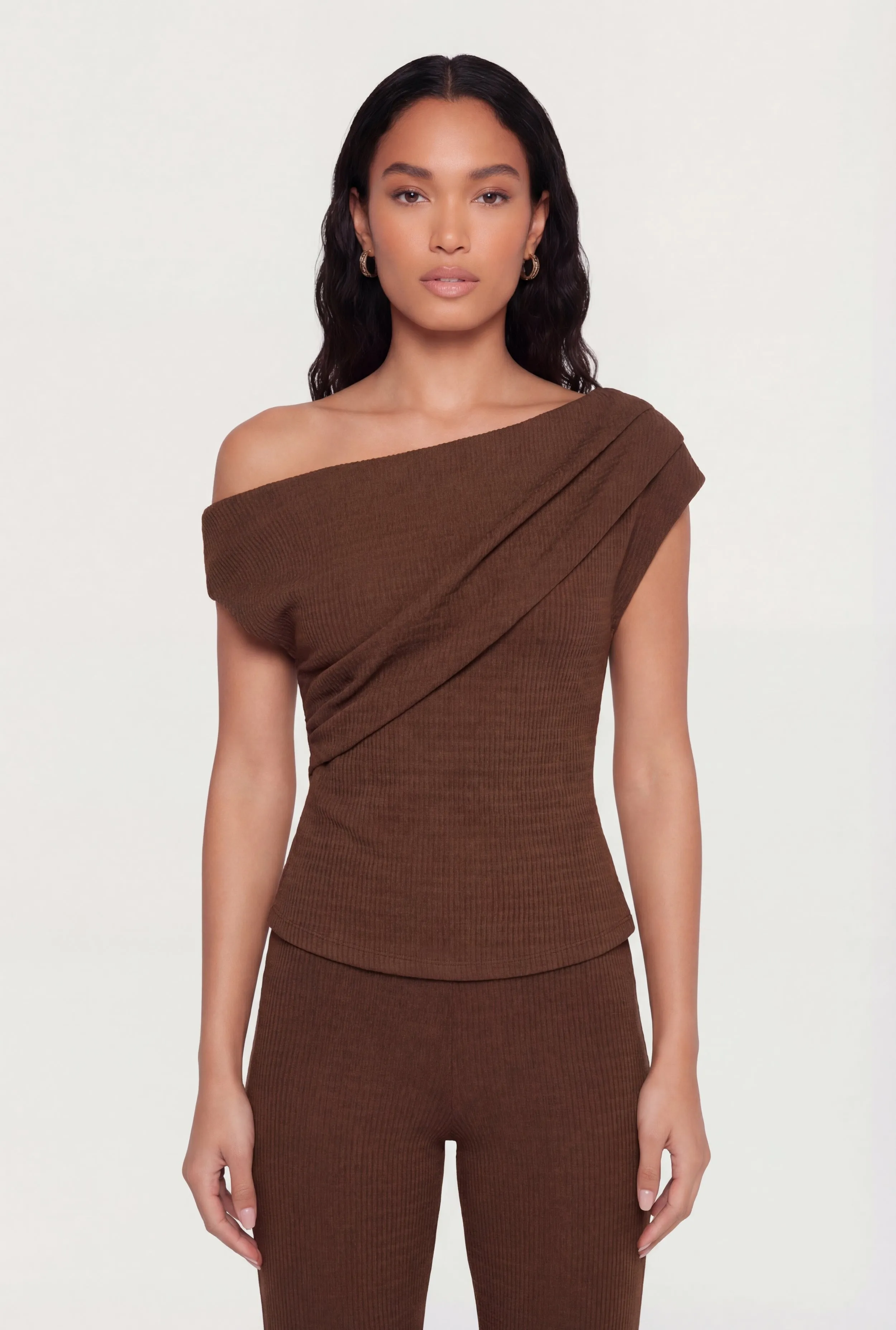 One Shoulder Cap Sleeve Textured Knit Blouse sold by Rainbow