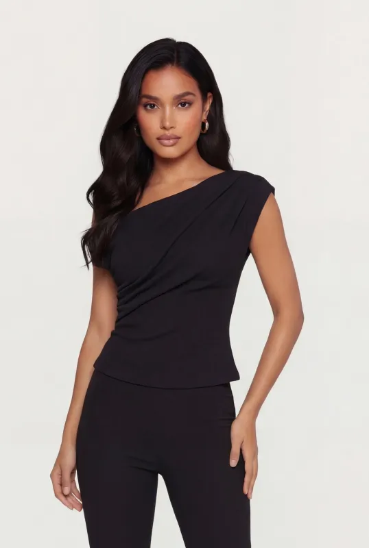 One Shoulder Cap Sleeve Textured Knit Blouse sold by Rainbow