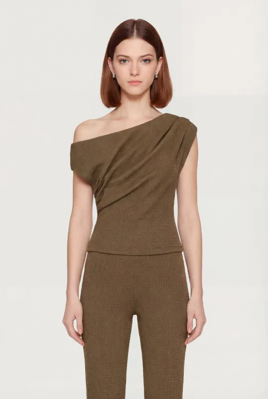 One Shoulder Cap Sleeve Textured Knit Blouse sold by Rainbow