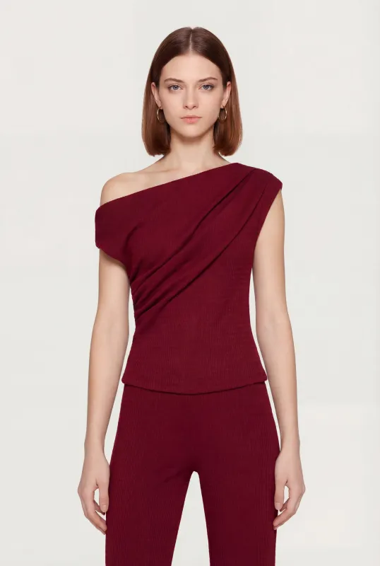 One Shoulder Cap Sleeve Textured Knit Blouse sold by Rainbow