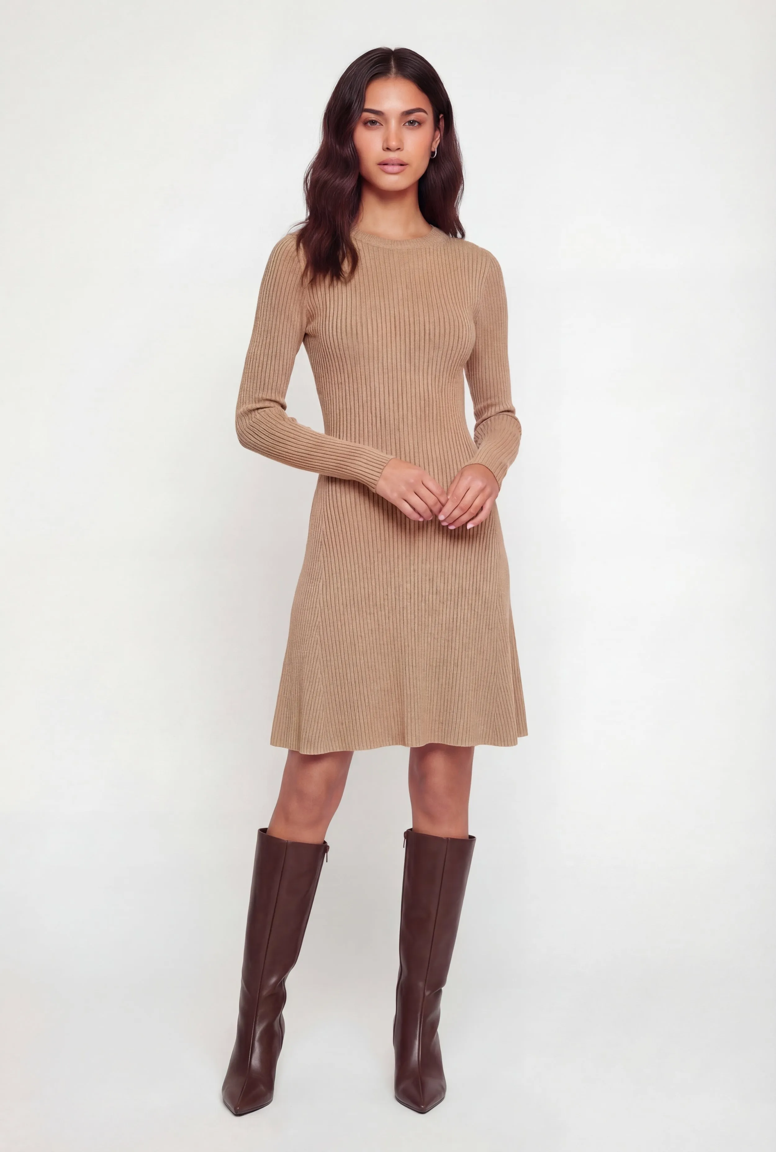 Rib Knit Long Sleeve Crew Neck Mini Sweater Dress sold by Rainbow product image thumbnail 3