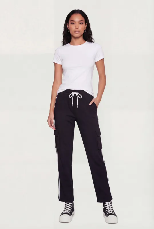 Varsity Stripe Side Drawstring Waist Cargo Track Pants sold by Rainbow