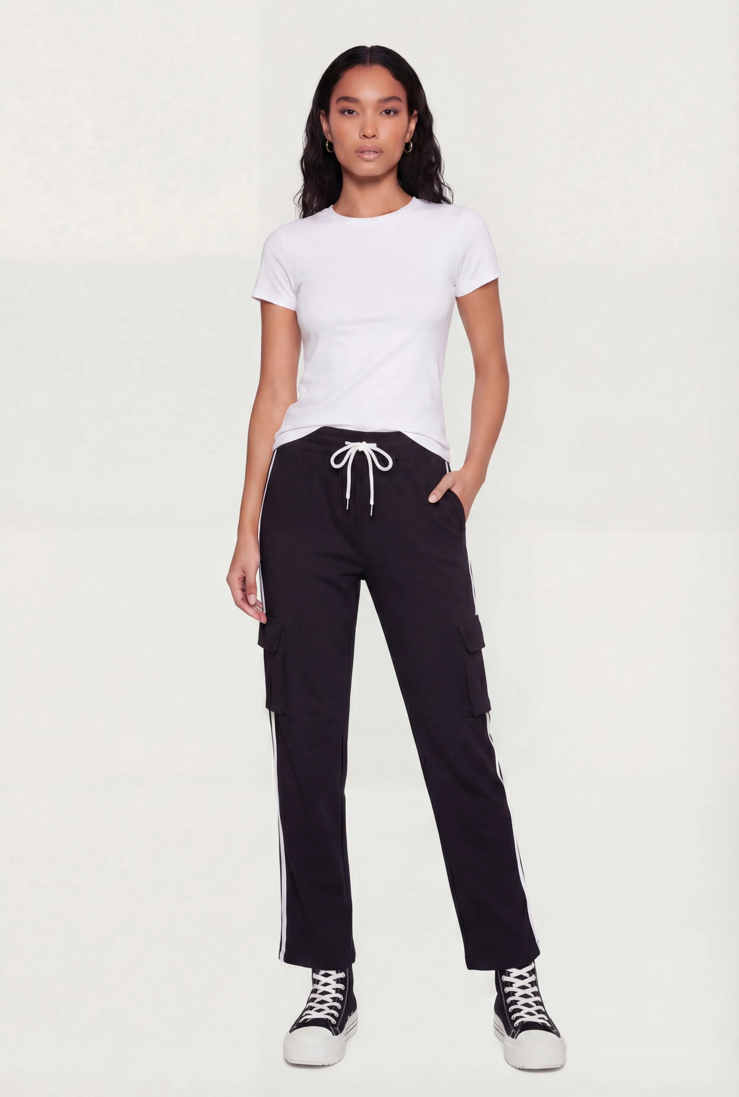 Varsity Stripe Side Drawstring Waist Cargo Track Pants sold by Rainbow