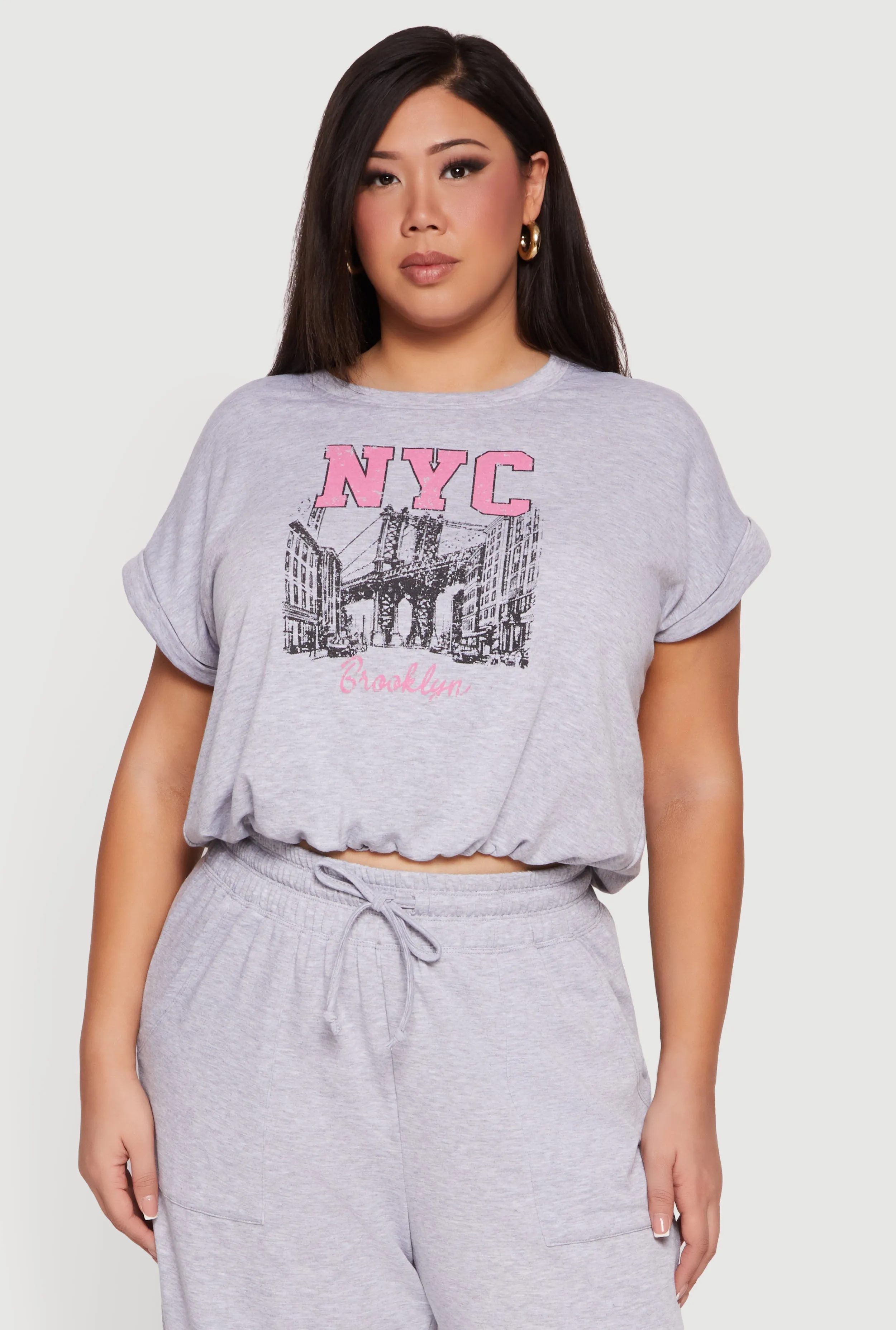 Plus Size Cropped Bubble Hem Graphic Tee sold by Rainbow