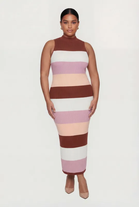 Plus Size Striped Sleeveless Mock Neck Sweater Dress sold by Rainbow