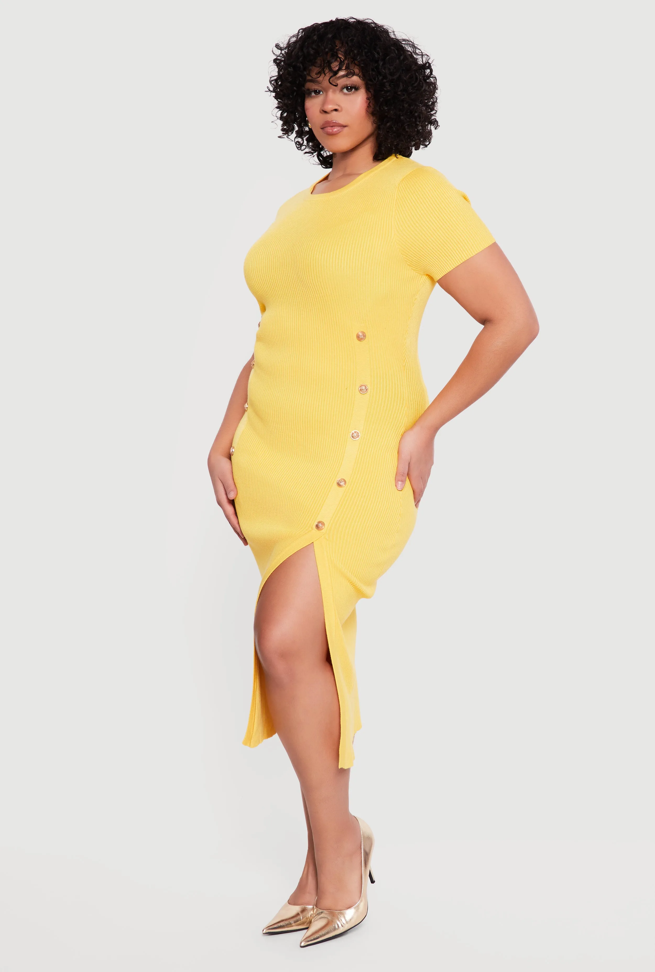 Plus Size Rib Knit Button Detail Side Slit Midi Dress sold by Rainbow product image thumbnail 2