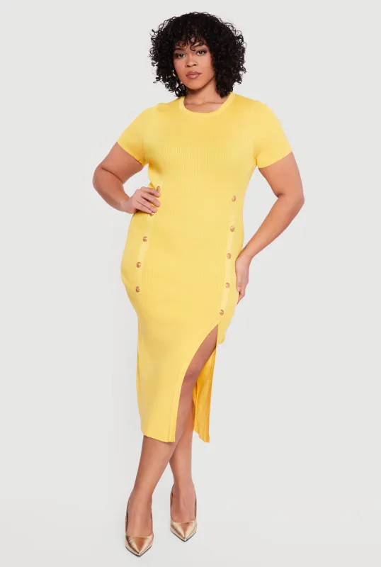 Plus Size Rib Knit Button Detail Side Slit Midi Dress sold by Rainbow