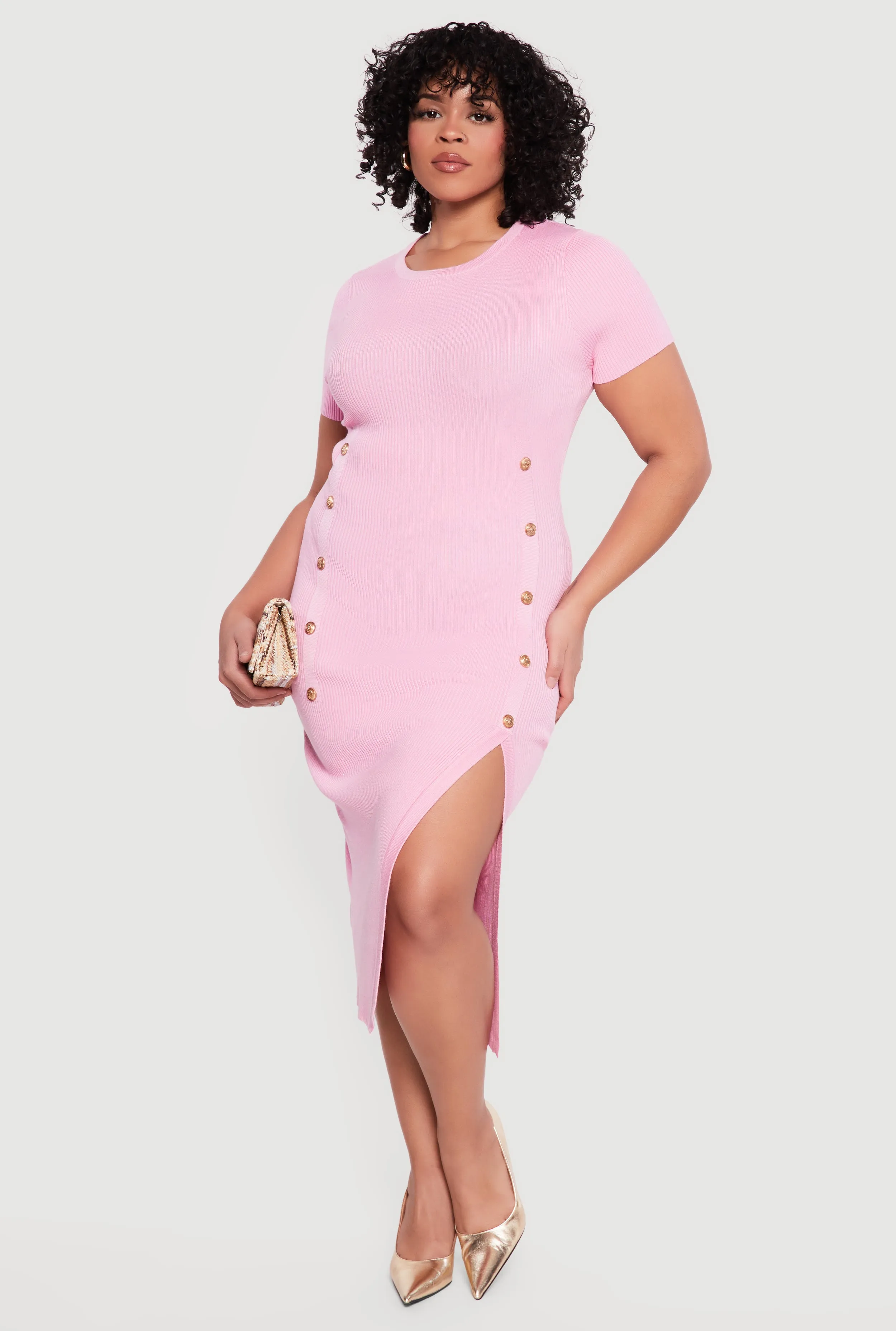 Plus Size Rib Knit Button Detail Side Slit Midi Dress sold by Rainbow