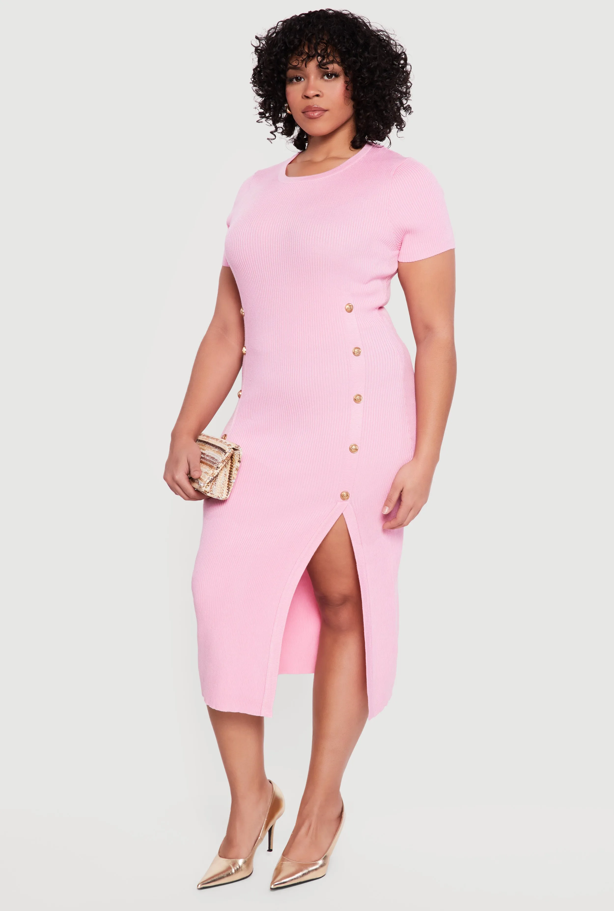 Plus Size Rib Knit Button Detail Side Slit Midi Dress sold by Rainbow product image thumbnail 2