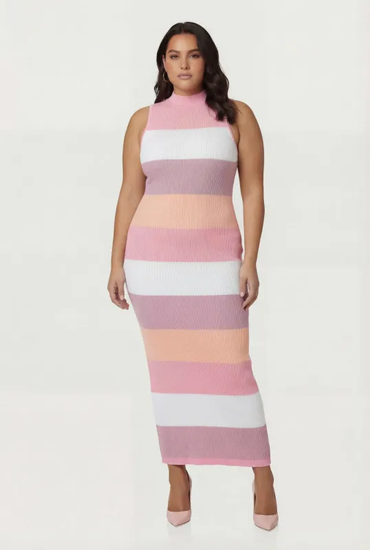 Plus Size Striped Sleeveless Mock Neck Sweater Dress made by Rainbow