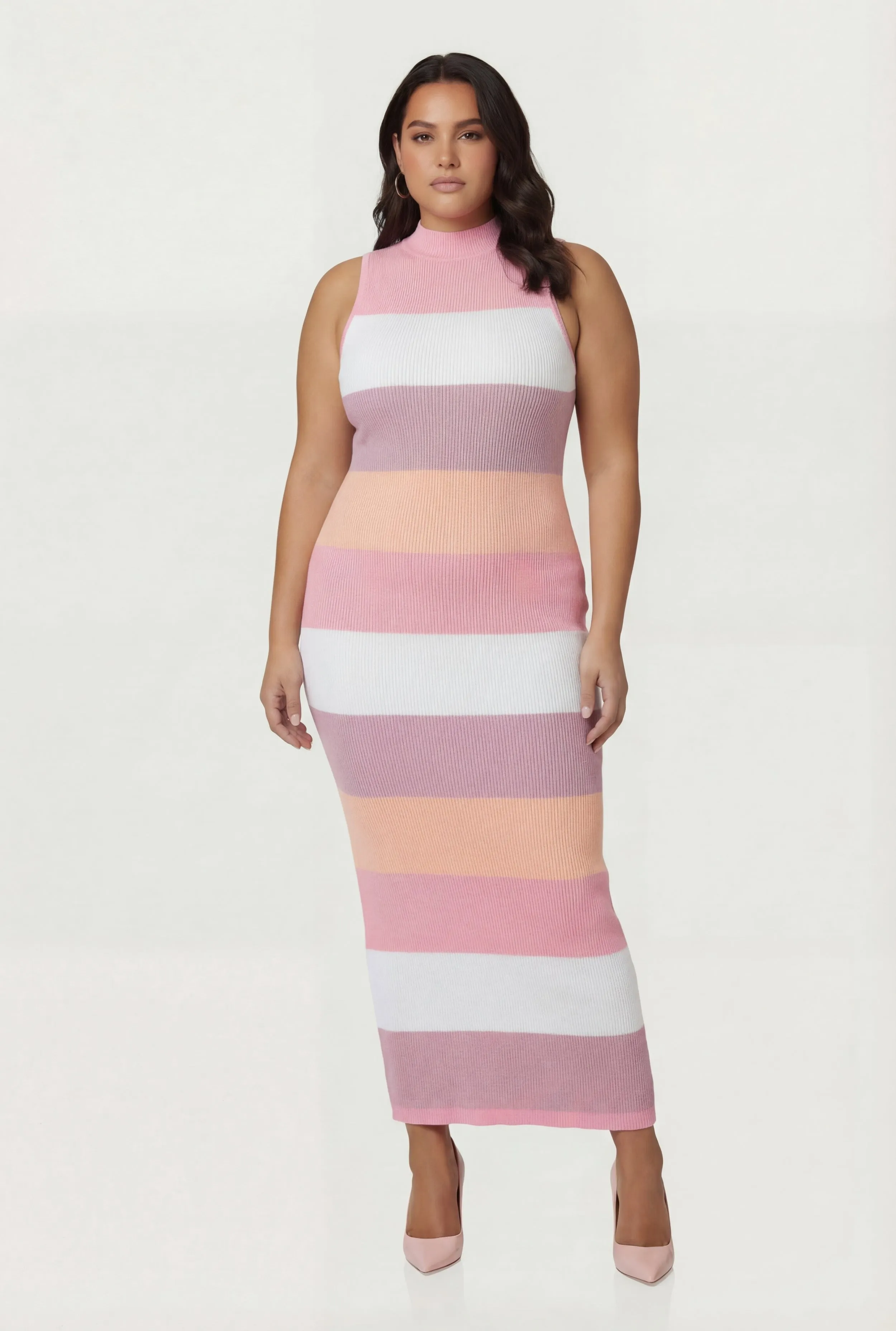 Plus Size Striped Sleeveless Mock Neck Sweater Dress sold by Rainbow