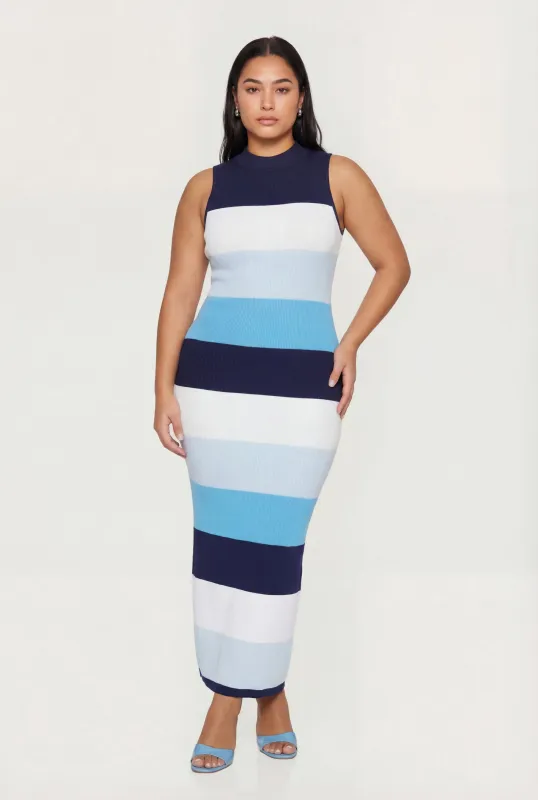 Plus Size Striped Sleeveless Mock Neck Sweater Dress made by Rainbow
