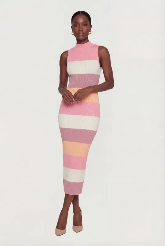 Color Block Rib Knit Mock Neck Sleeveless Midi Dress sold by Rainbow