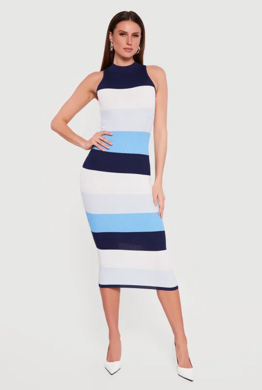Color Block Rib Knit Mock Neck Sleeveless Midi Dress sold by Rainbow