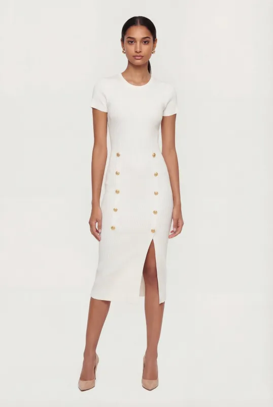 Ribbed Knit Short Sleeve Midi Dress with Faux Buttons sold by Rainbow